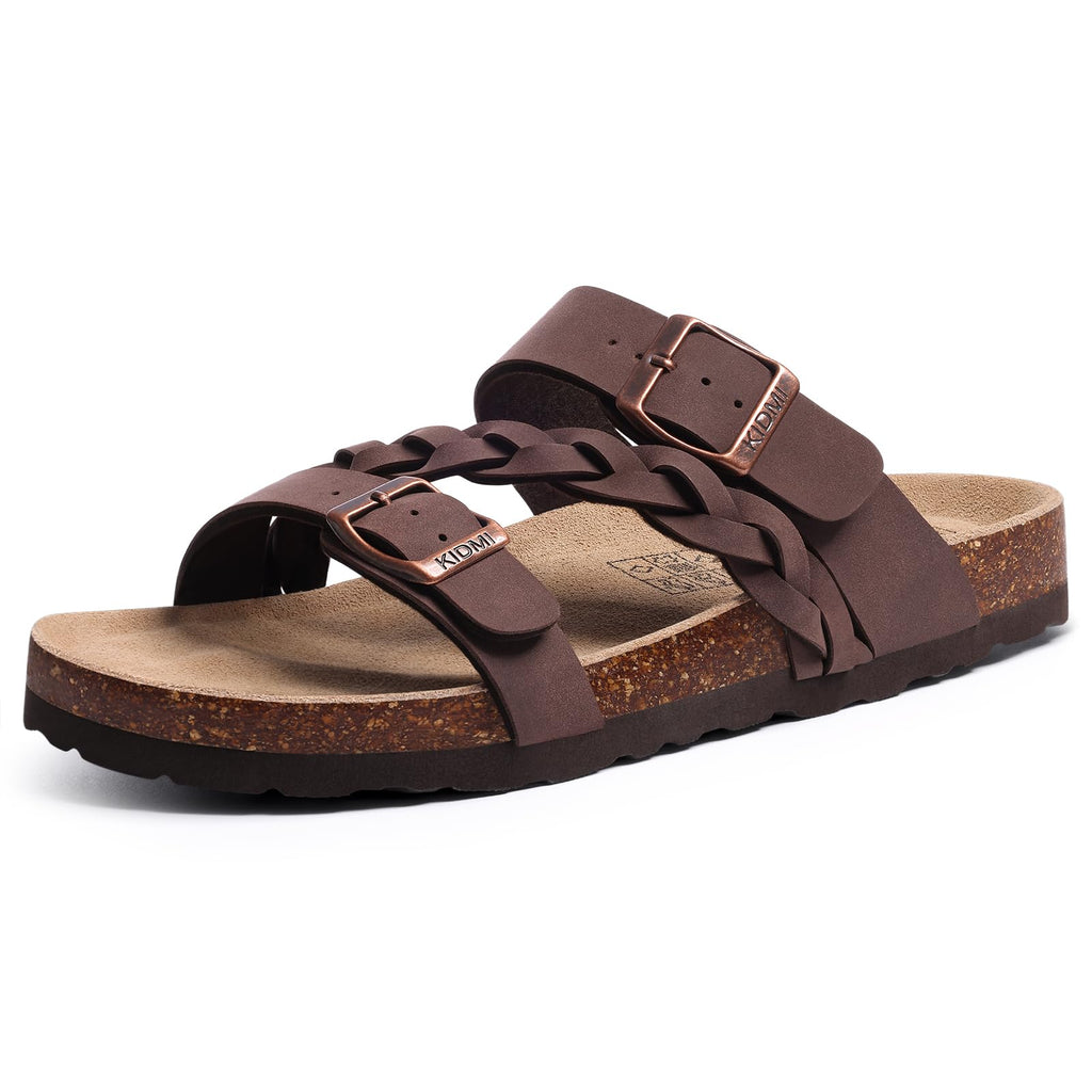 KIDMI Women's Cork Footbed Sandals with Arch Support Comfortable Slip-On Slide Sandals With Adjustable Buckle for Summer, Brown 39