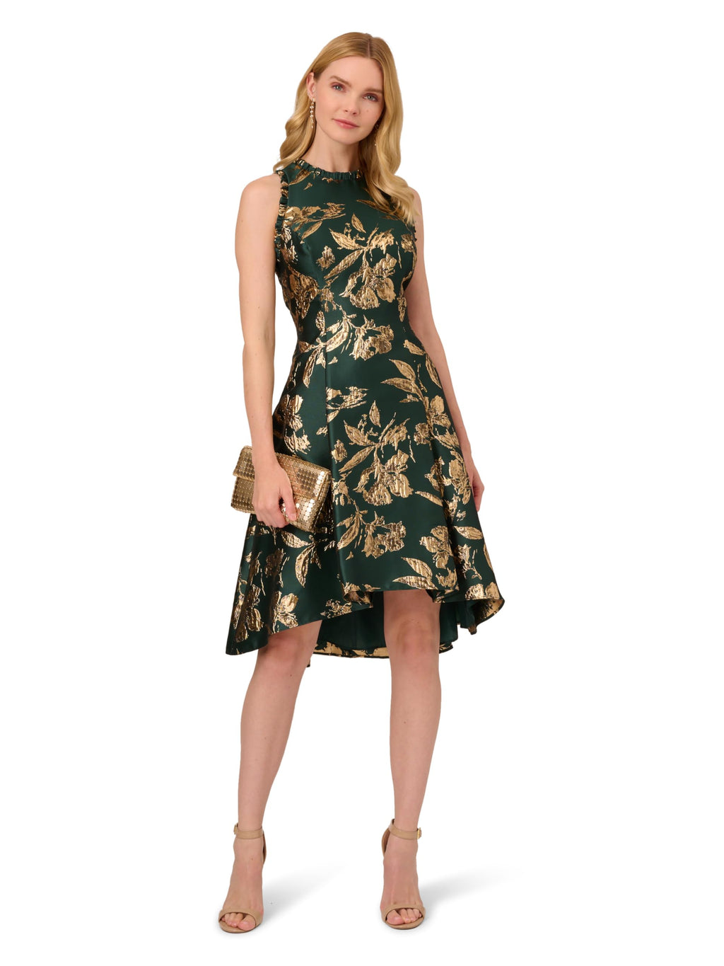 Adrianna Papell Printed Jacquard High-Low Hem Party Dress Hunter 12