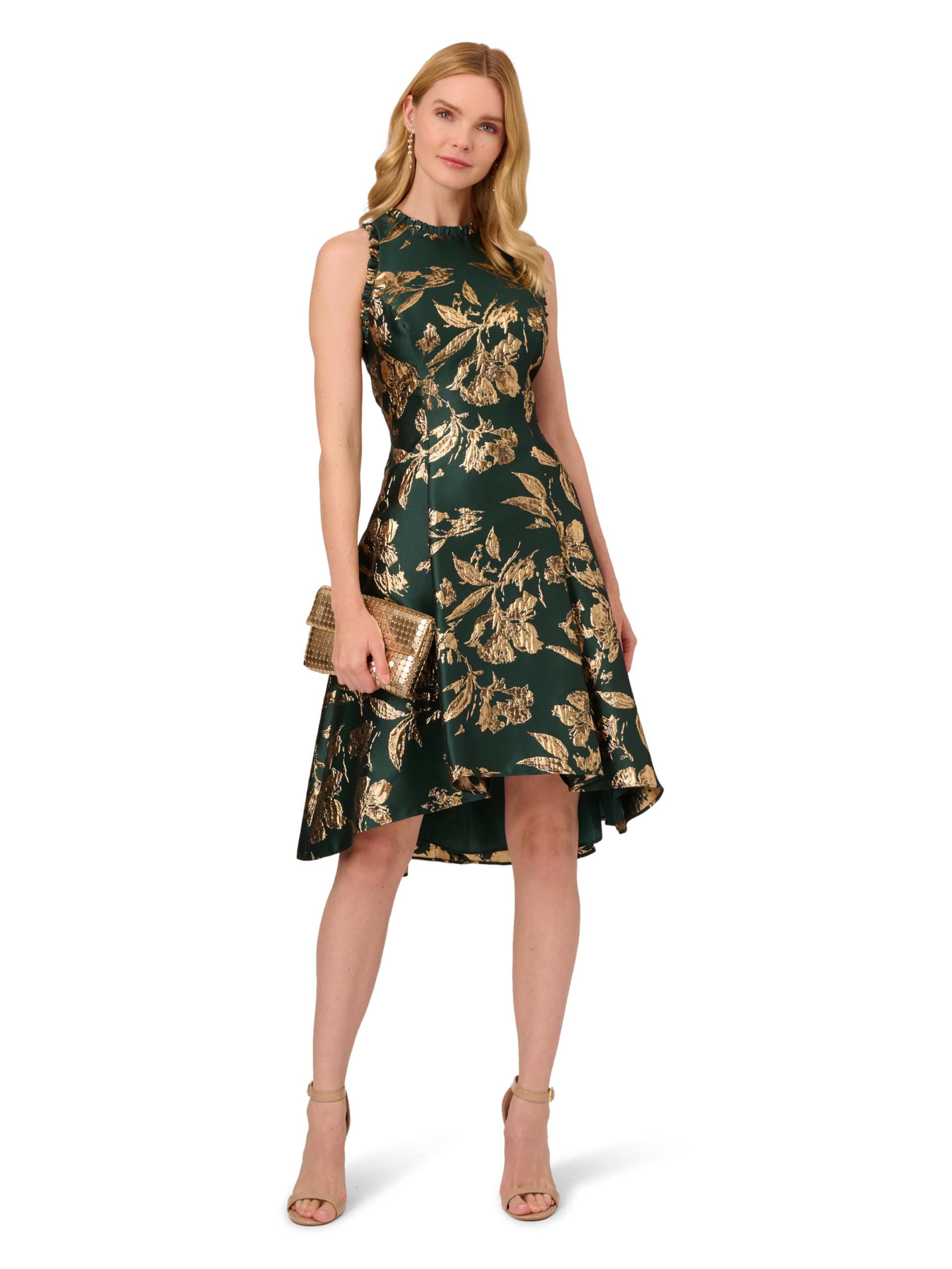 Adrianna Papell Printed Jacquard High-Low Hem Party Dress Hunter 12