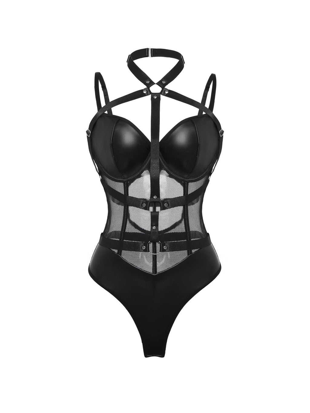Lilosy Petite Sexy Crisscross Choker Leather Underwire Push Up Mesh Sheer Babydoll Women Harness Teddy Bodysuit Nightgown Nightshirt One Piece Pu Latex Black 2X-Small