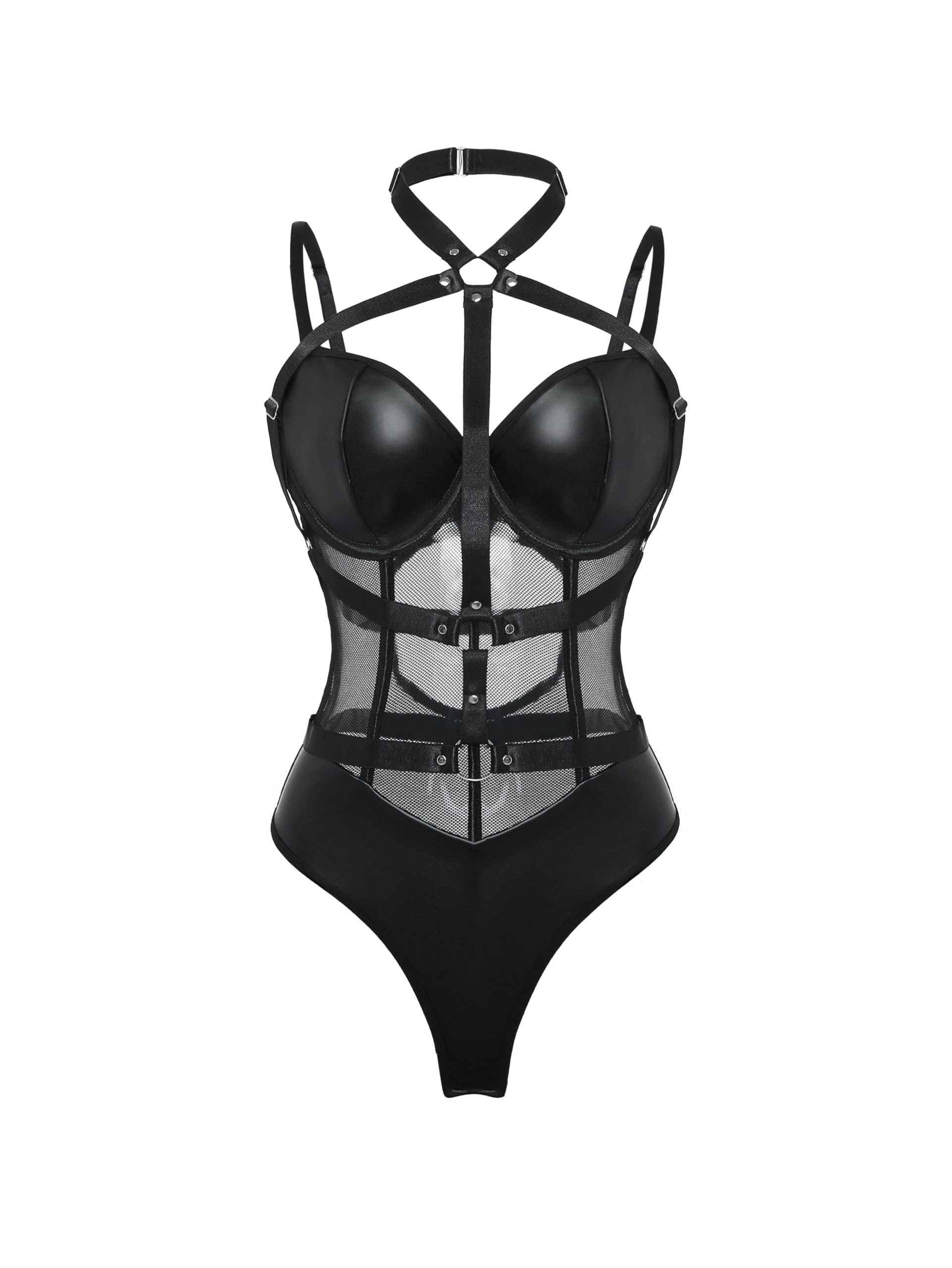 Lilosy Petite Sexy Crisscross Choker Leather Underwire Push Up Mesh Sheer Babydoll Women Harness Teddy Bodysuit Nightgown Nightshirt One Piece Pu Latex Black 2X-Small