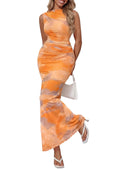 PRETTYGARDEN Summer Dresses for Women 2026 Sleeveless Bodycon Maxi Spring Mock Neck Tie Dye Mesh Cocktail Going Out Dress (Floral Yellow,Medium)