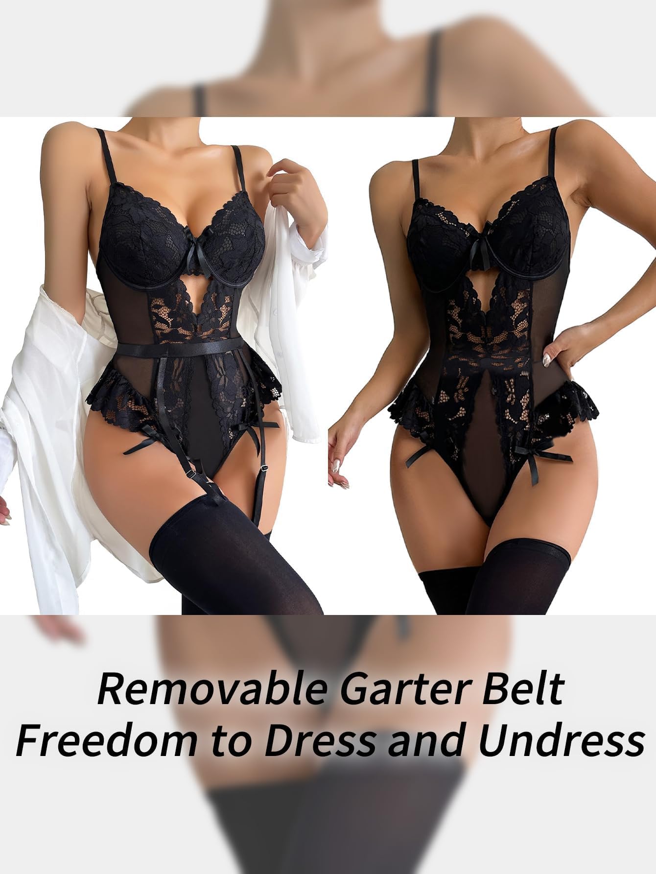 Lilosy Petite Sexy Stocking Lace Mesh Bodysuit Top Underwire Garter Lingerie Set One 3 Piece Bows Push Up Floral Sheer Women Teddy See Through Lenceria Black 3X-Small