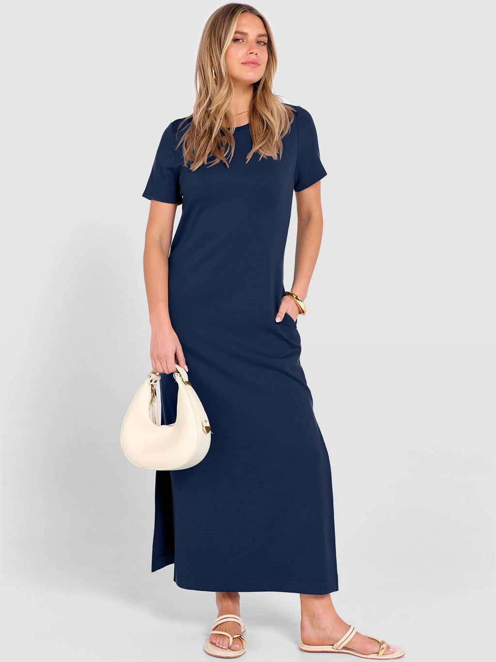 ANRABESS Womens Summer Casual Maxi Dress Short Sleeve Crewneck Split Wrinkle-Free Travel Long Sundress Beach Vacation Clothes Navy Blue Large