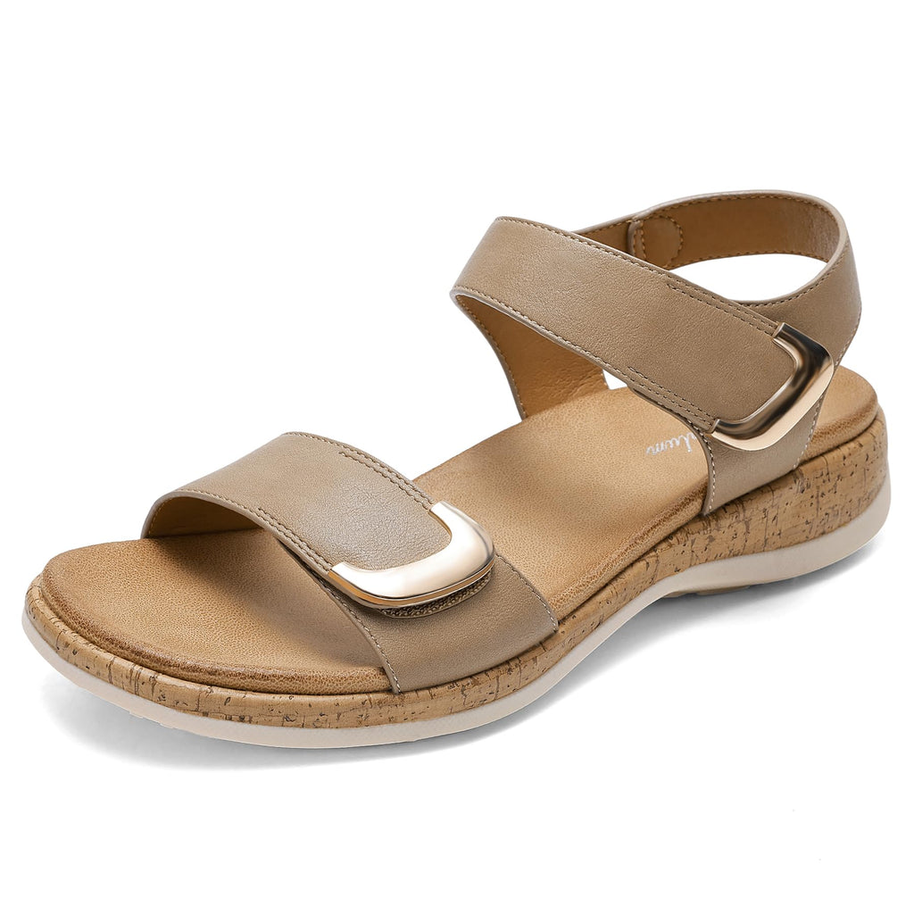 Littleplum Womens Sandals Arch Support Adjustable Comfy Flat Sandals for Women Summer Walking Shoes for Beach,Travel Khaki Size 6