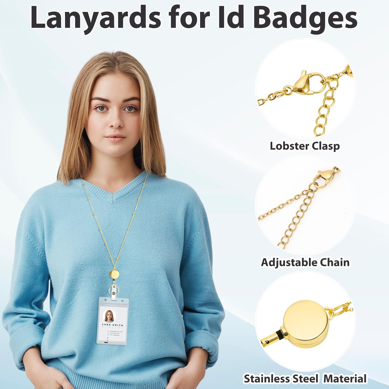 Lanyards for Id Badges Stainless Steel Badge Lanyard with 2 Pcs Waterproof Badge Holder Retractable Badge Reels Teacher Gifts Lanyard for Cruise Ship Key Cards (Gold)