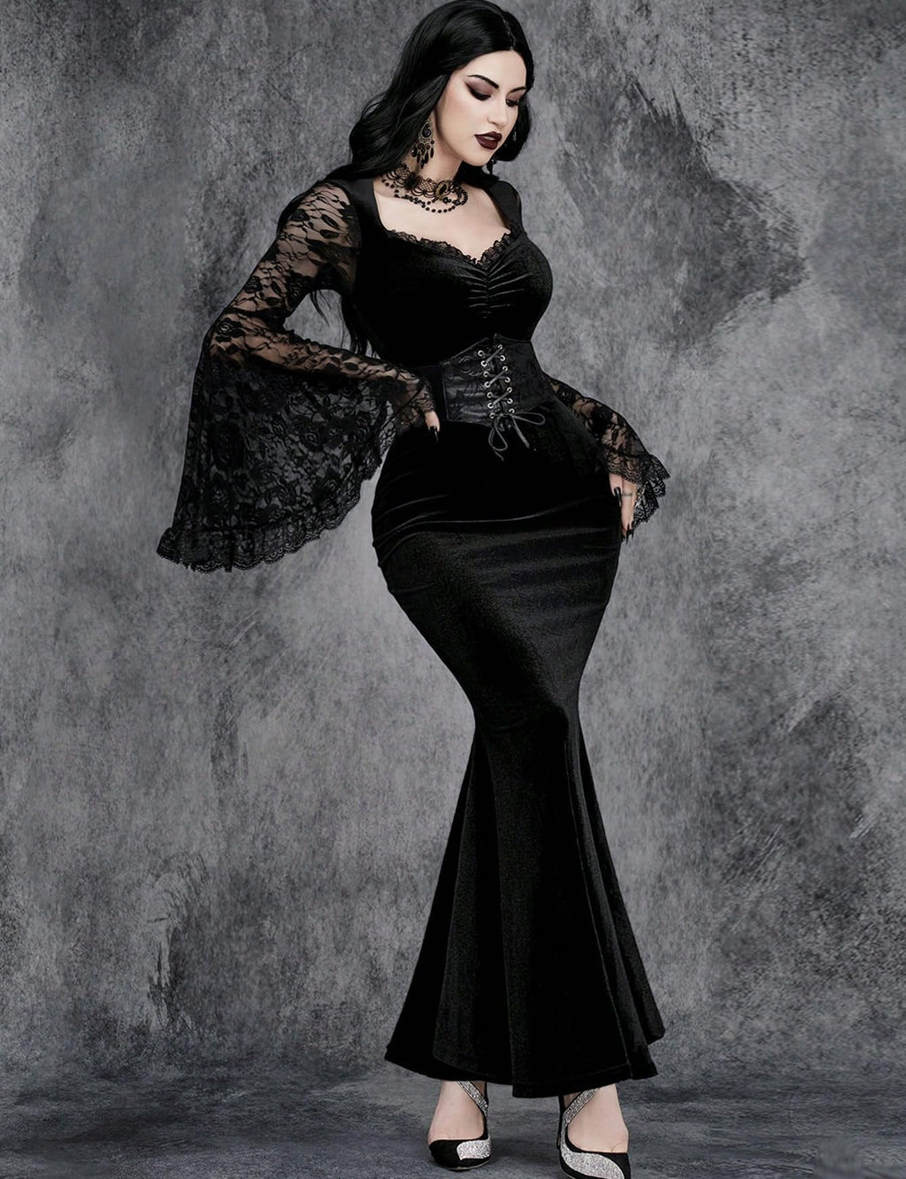 InGoticos Women Gothic Sexy Lace Patchwork Sleeve Fishtail Velvet Goth Dress Without Choker & Umbrella Black