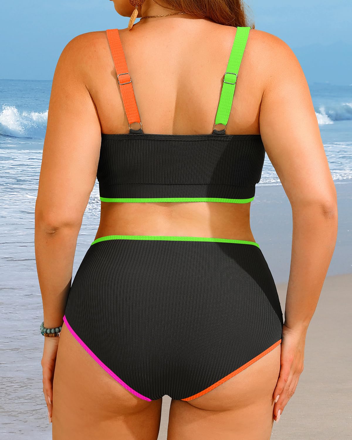Yonique Women Plus Size High Waisted Bikini - Ribbed Two Piece Swimsuit Tummy Control Bathing Suit V-Wired 2025 Swimwear Colorful Black 14W