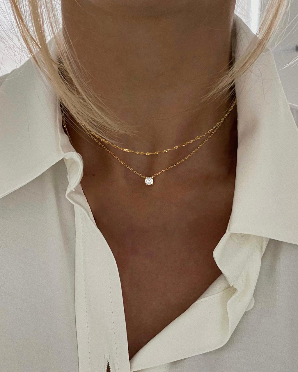 Tewiky Dainty Layered 14K Gold Plated Cubic Zirconia Necklace for Women, Simple Solitaire Pendant Chain Choker Necklaces Set Cute CZ Trendys Gold Jewelry Gift