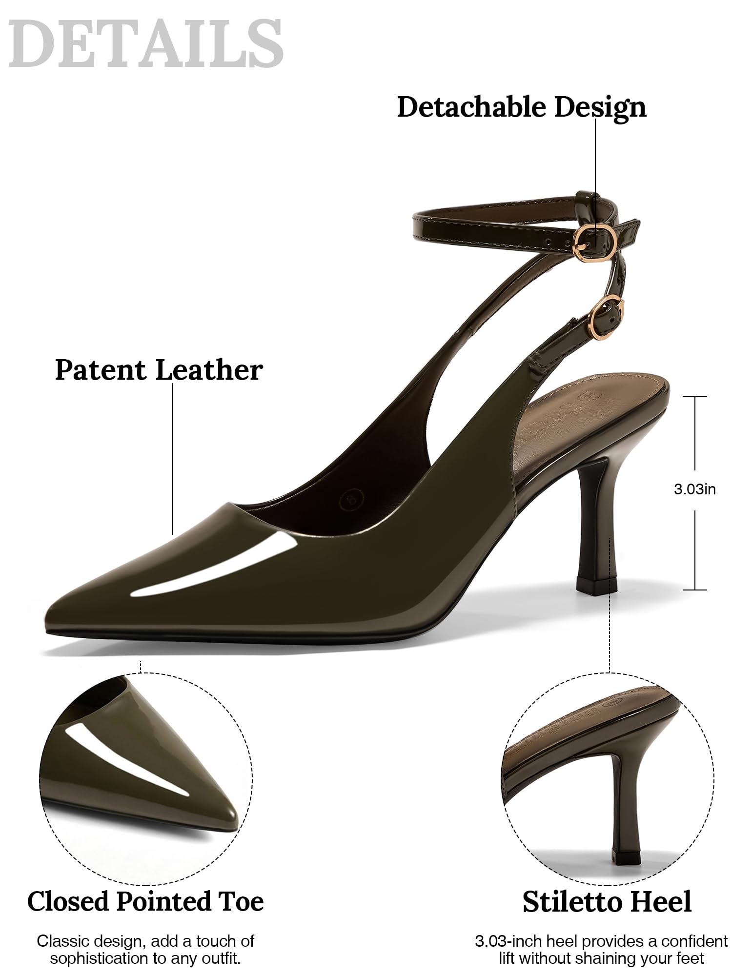 GotSoft Womens Pointed Toe High Heels Slingback Stiletto Ankle Strap Pumps Dress Shoes, Army Green, Size 6