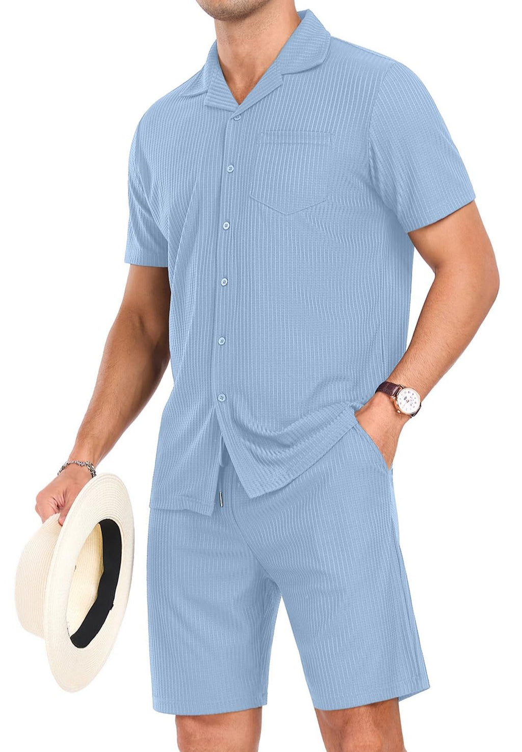 PrinStory Mens Short Sleeve Outfits 2 Piece Summer Beach Button Down Shirts and Shorts Set Tracksuit with Pockets Light Blue-S