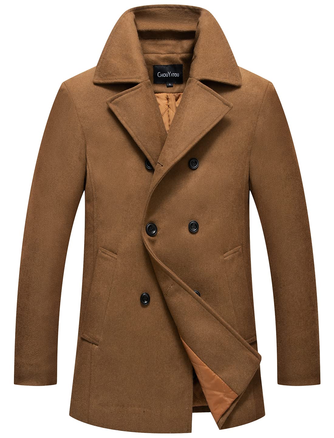 chouyatou Men's Classic Notched Collar Double Breasted Wool Blend Pea Coat (Medium, Brown)