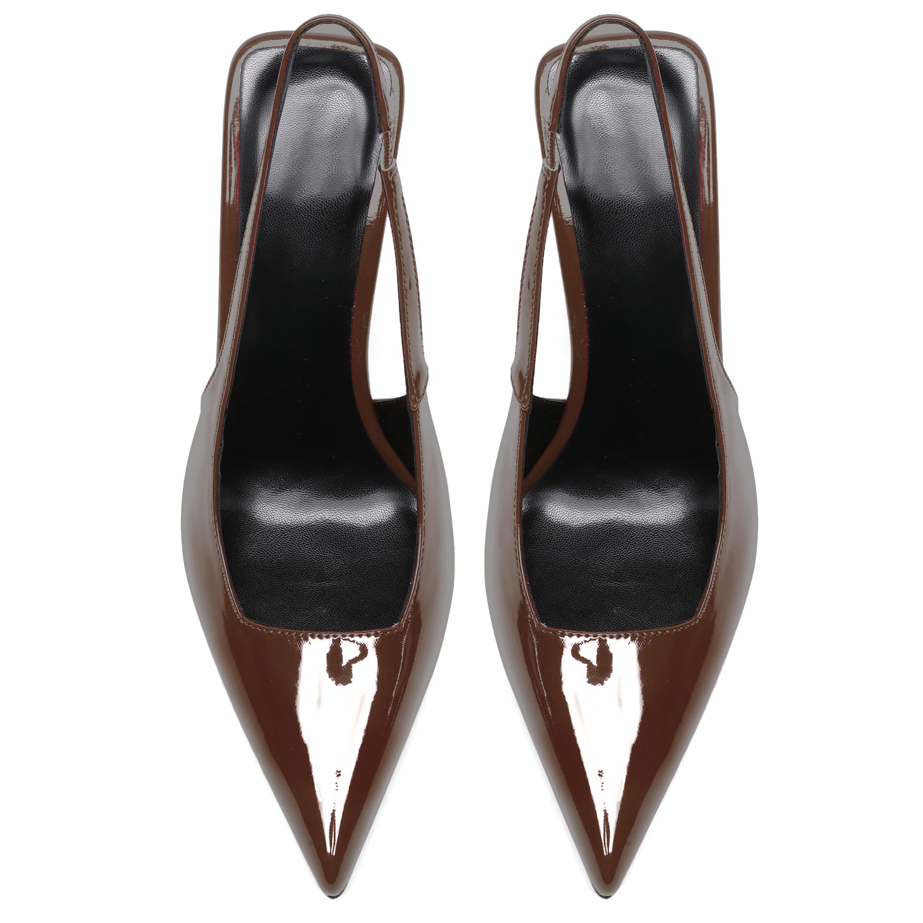 Women's Slingback Stiletto High Heels Pointed Toe Slip On Pumps Shoes Patent Leather Stretch Strap Backless Dress Heels Chocolate