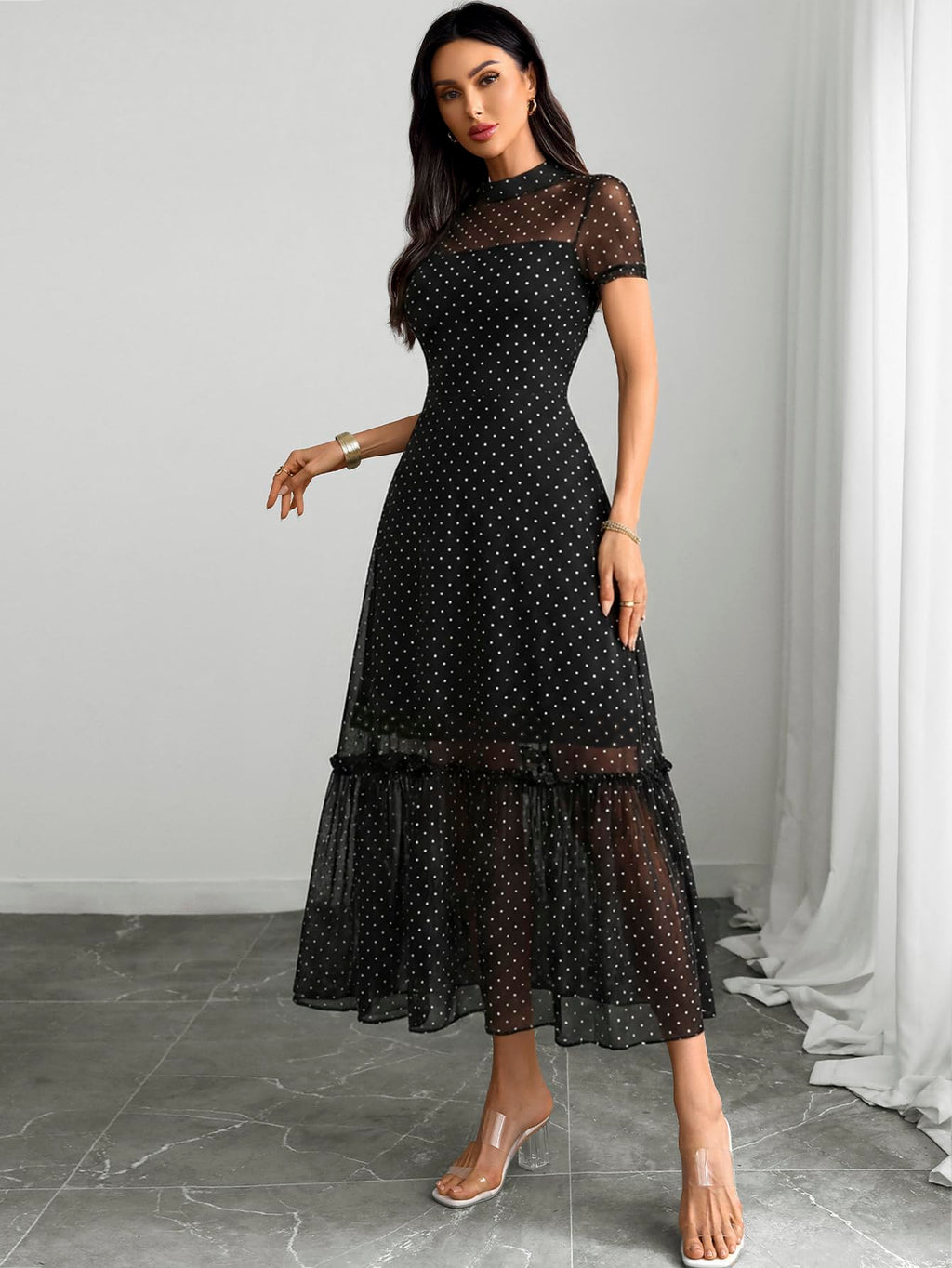 GothDark Women's Summer Floral Mesh Ruffle Dress Short Sleeve Round Neck Waist Cinched Casual Maxi Wedding Guest Dresses Polka Dot