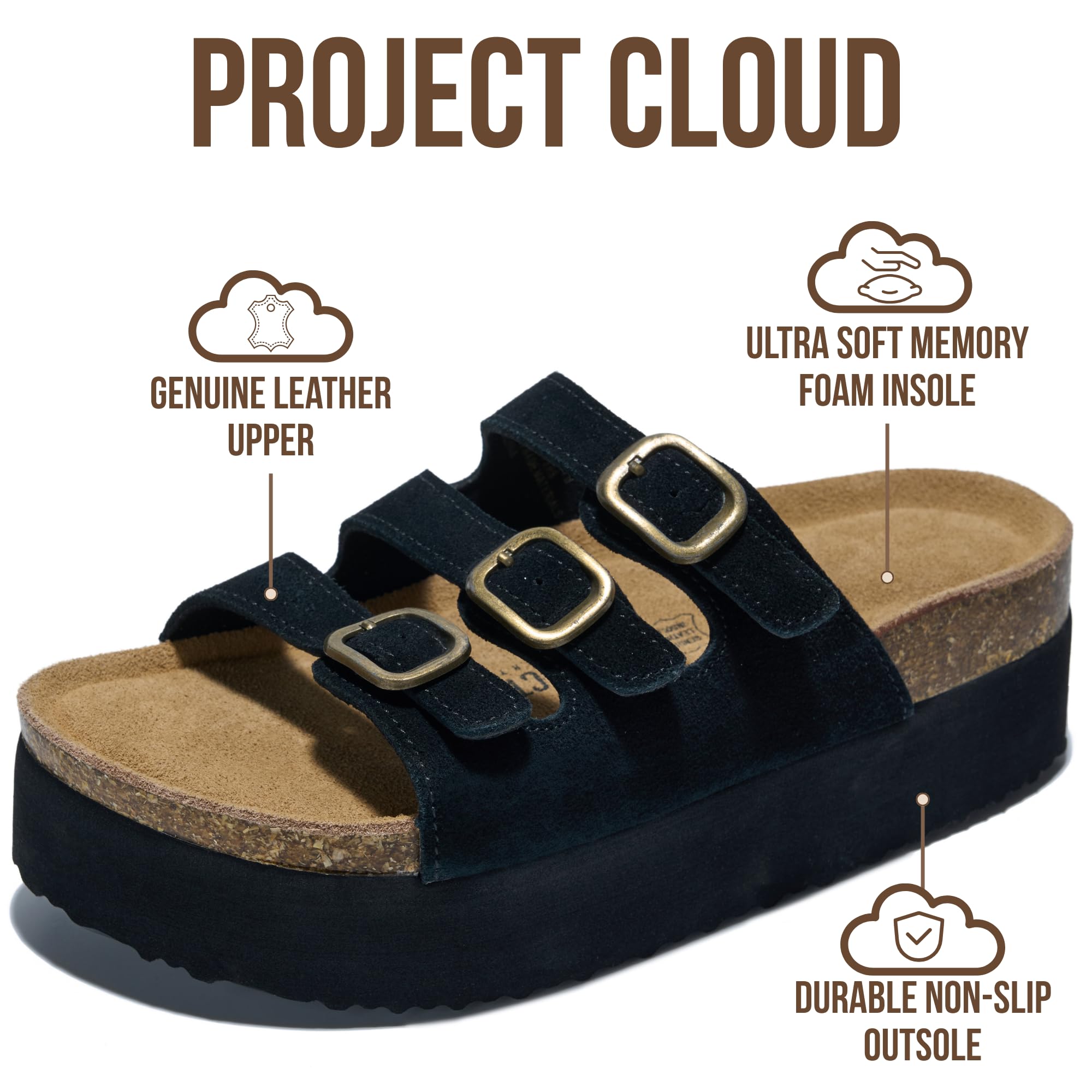 Project Cloud 100% Genuine Leather Platform Sandals Women Footwear - Comfortable Womens Slides Memory Foam Insole - Non Slip Water-Resistant 3-Strap Wedge Sandals for Women 2026 (Dyan, Black, 7)