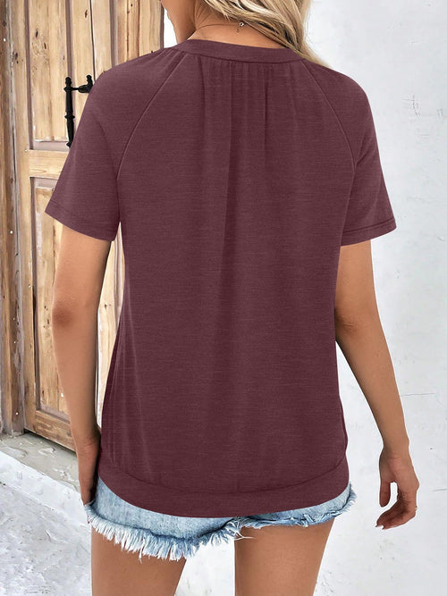 AUTOMET Womens Tops Short Sleeve V Neck T Shirts 2026 Summer Spring Beach Vacation Clothes Casual Loose Ruched Top WineRed L