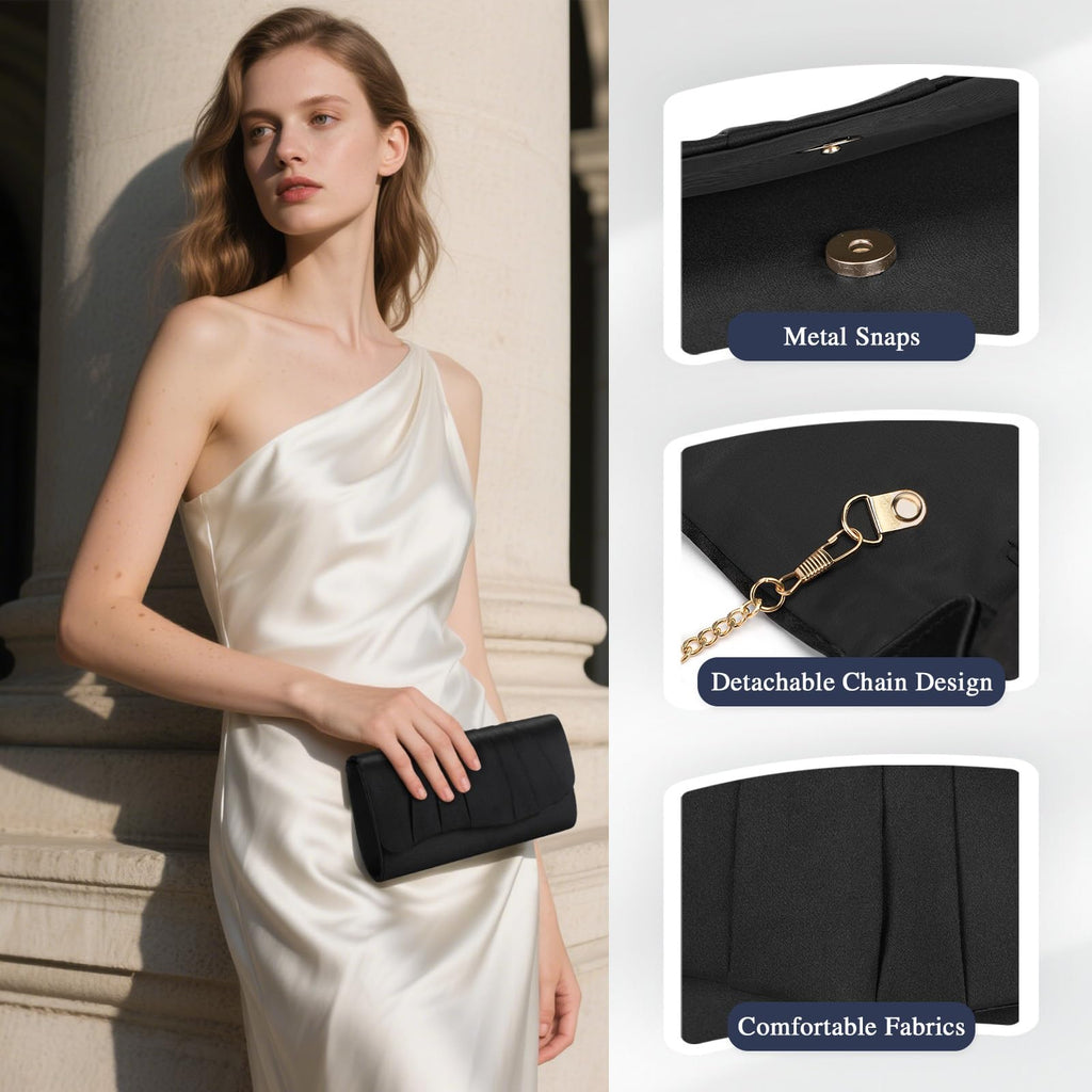 UBAYMAX Clutch Purses for Women Formal, Pleated Satin Evening Bag Evening Purse Handbags Evening Clutch for Prom Party Wedding (Black)