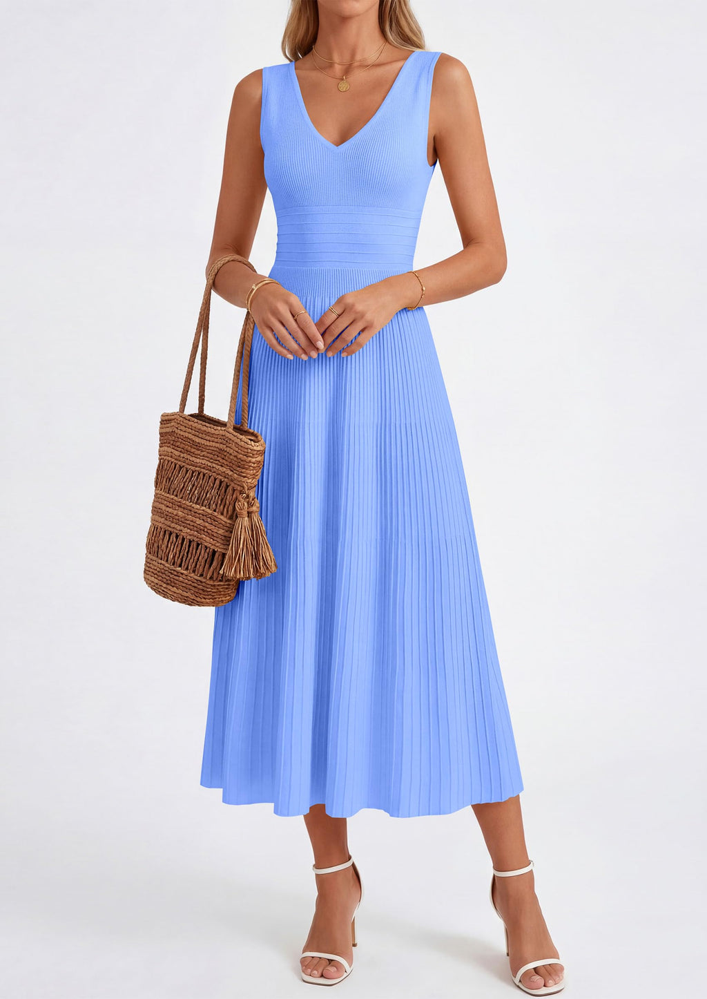 PRETTYGARDEN Summer Dresses for Women 2026 Spring Casual Sleeveless V Neck Pleated Midi Work Cocktail Wedding Guest Dress(Light Blue,X-Large)