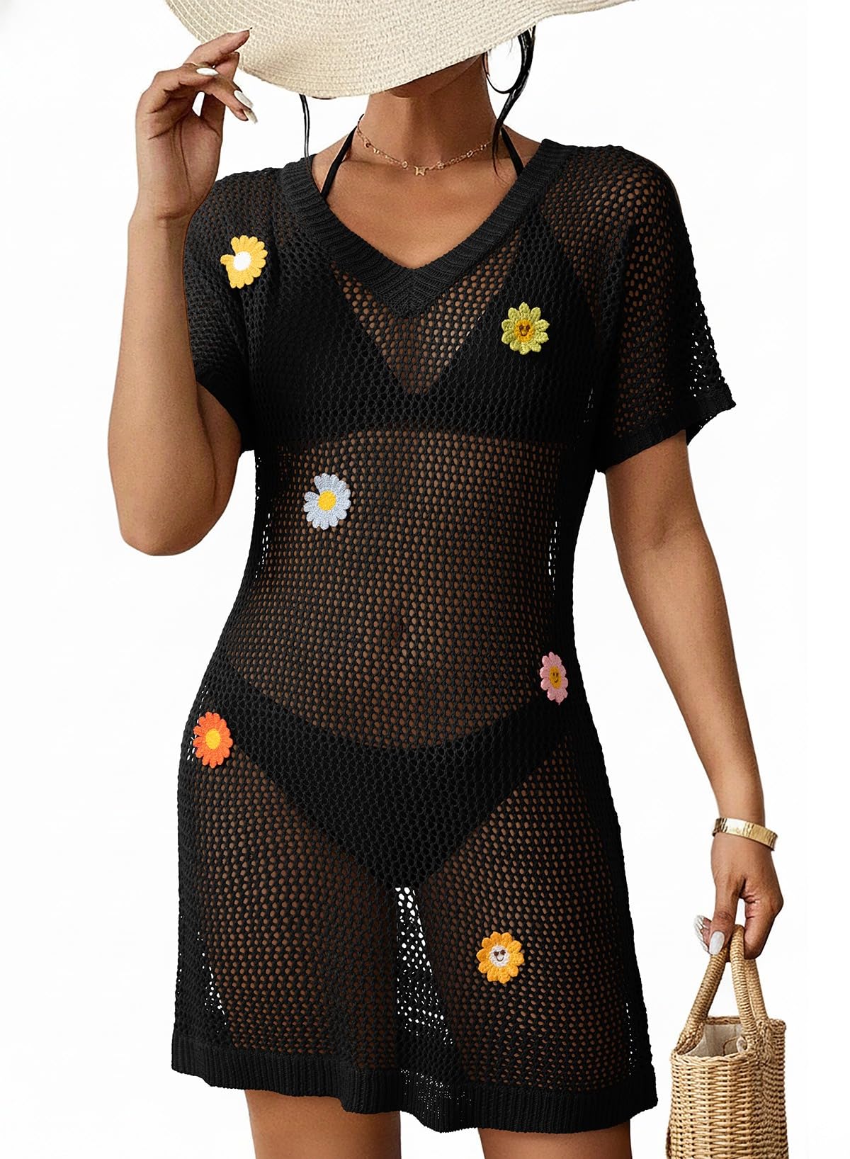 Dokotoo Swimsuit Coverup for Women Bathing Suit Cover ups Summer Dresses for Women 2026 Crochet Hollow Out V Neck Short Sleeve Beach Dress Black Small