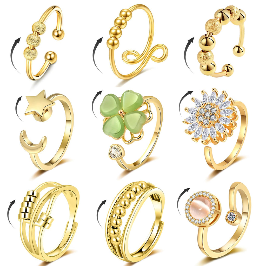 LOWNOUR Fidget Ring Anxiety Rings for Women Gold 9pcs Adjustable Spinner Ring CZ Diamond Sunflower Moon Star Four Leaf Heart Bead Fidget Rings for Anxiety Stress Relief for Women