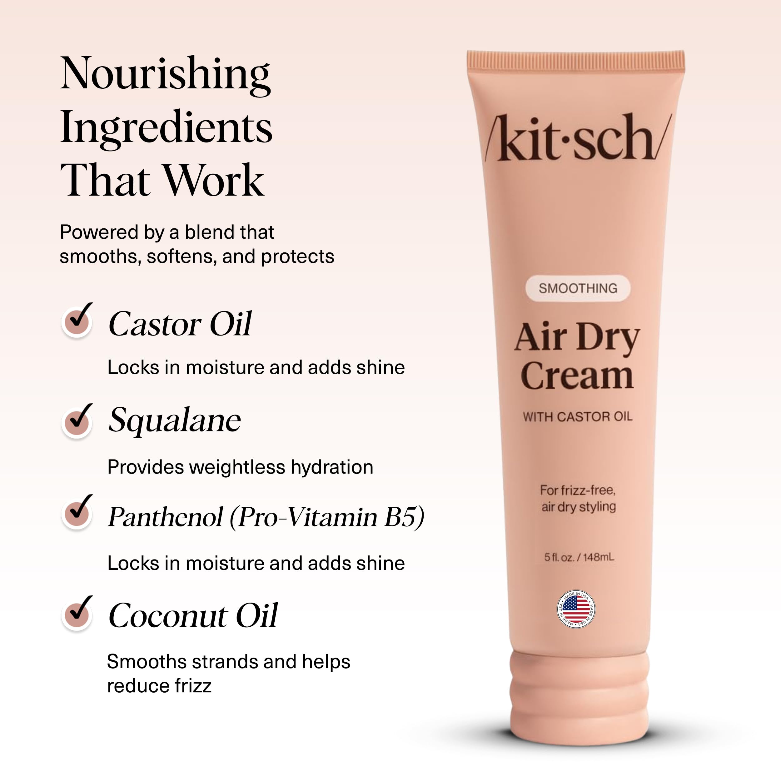 Kitsch Smoothing Air Dry Cream for Hair – Frizz Control Hair Care Product with Castor Oil & Coconut Oil – Weightless Styling Cream - Enhances Natural Texture Appearance | Ideal Gifts for Women – 5 oz