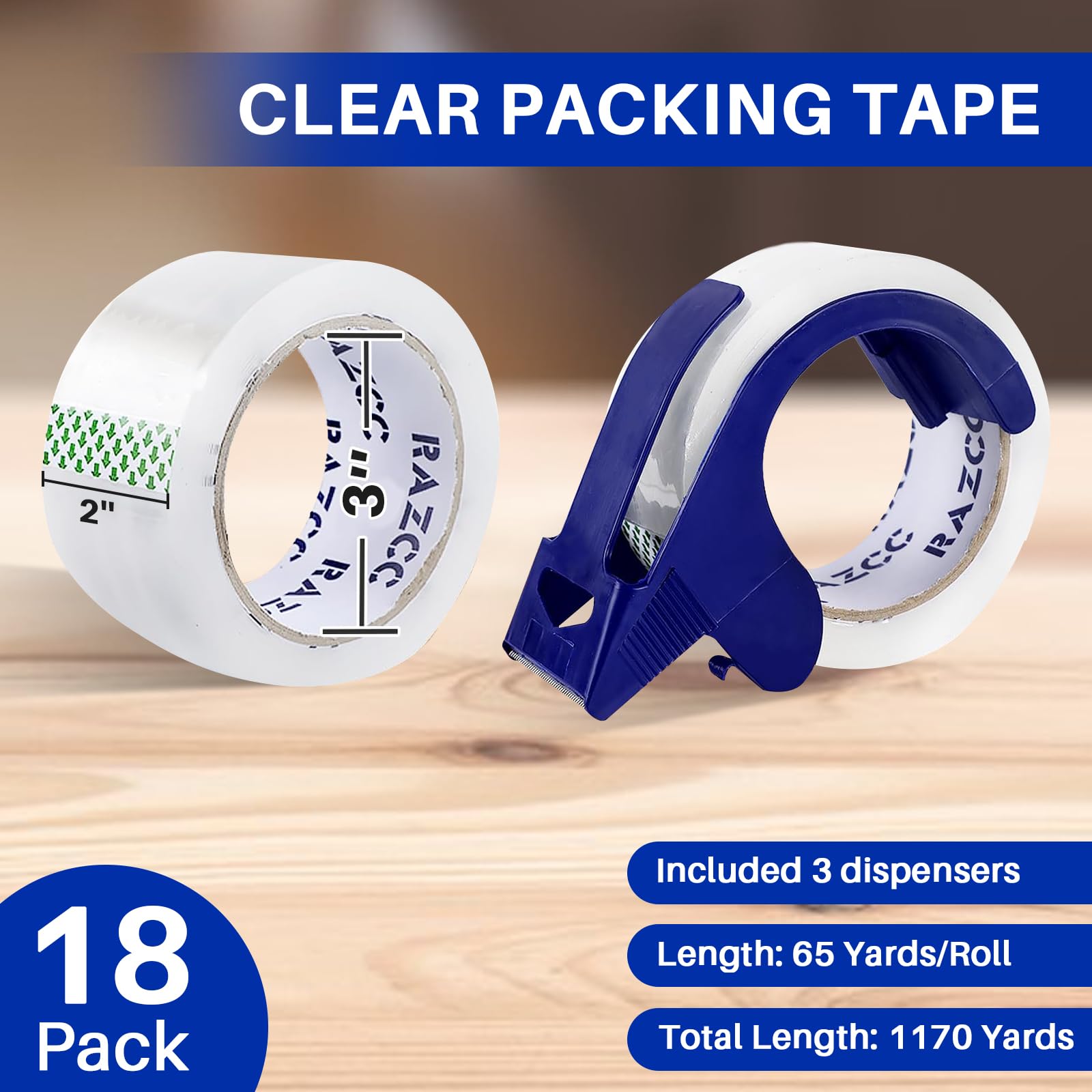 RAZCC Clear Packing Tape, 18 Rolls Heavy Duty Packaging Tape with Dispensers for Packing Shipping Moving and Sealing, Thicker Packing Tape-2" x 65 Yards Per Roll, 1170 Total Yards