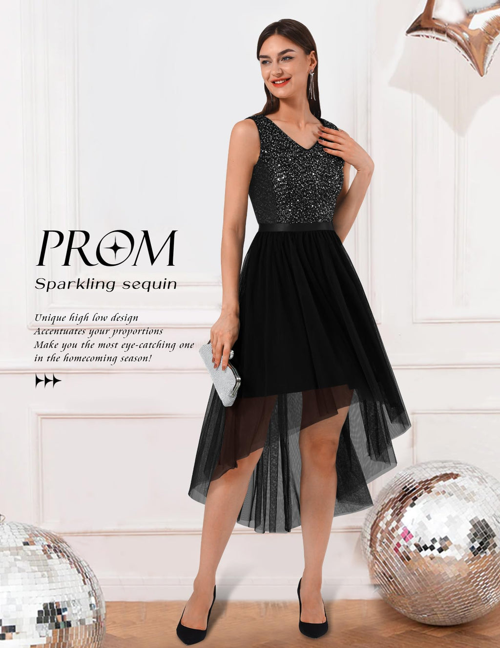 BeryLove Women's Sequin Party Dress Homecoming Formal Cocktail Swing Wedding Dressws High Low Sleeveless V-Neck Prom Gowns S003 Black L
