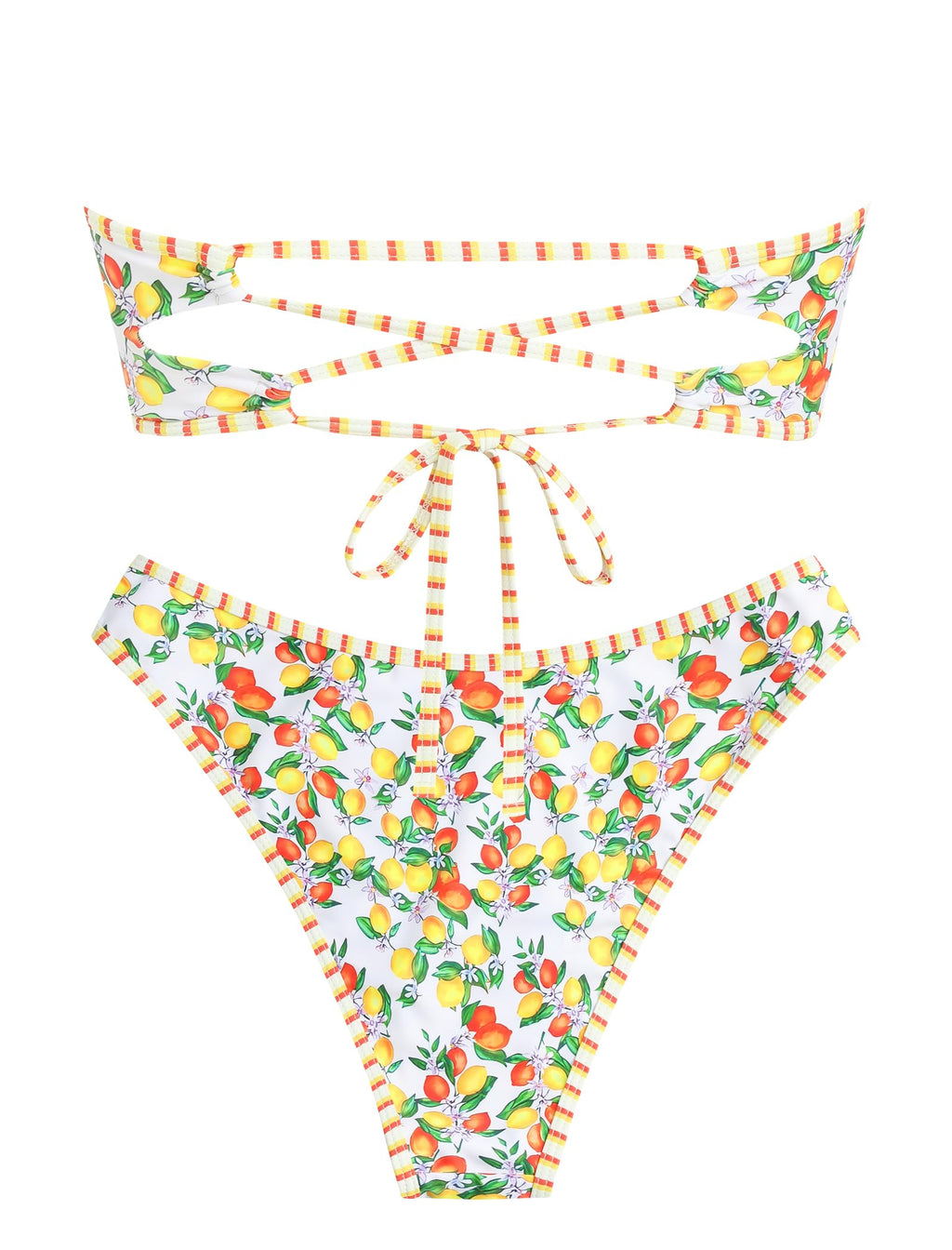 ZAFUL Women's Bandeau Bikini V Strapless Confetti Colorblock Tie Back High Cut Two Piece Swimsuit Bathing Suits (3-Fruit Print, M)