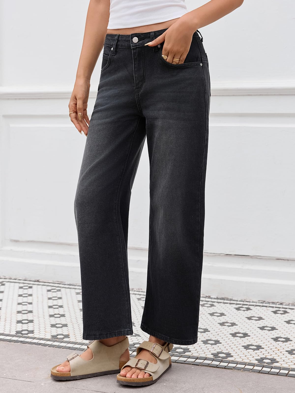 PEIHOT Mid Rised Barrel Jeans for Women Trendy Boyfriend Stretch Wide Leg Cropped Denim Pants with Pockets Black