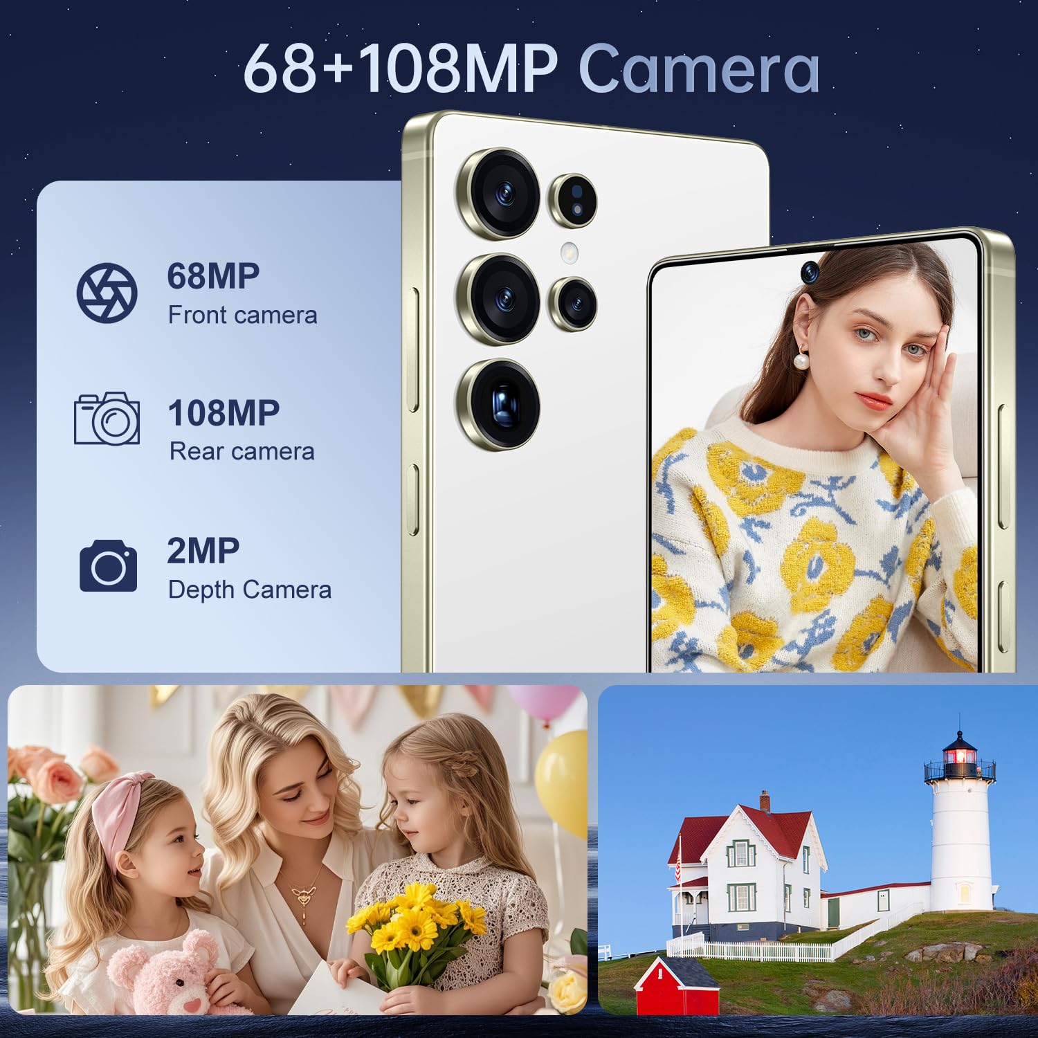 BDWJW I25 Ultra Smartphone 16GB+512GB Android 14 Smartphone, 6.99" FHD+ Display, 7000mAh Battery, 108MP+68MP Dual Camera, Built-in Pen Stylus, Fast Performance Large Memory (White)
