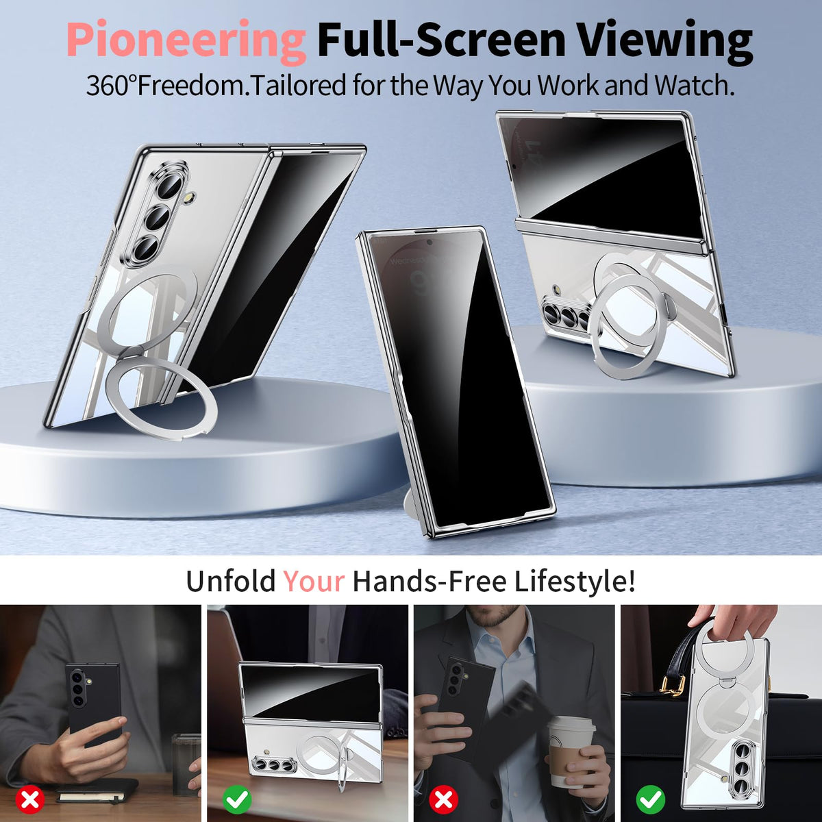 for Galaxy Z Fold 8 Ultra Case Clear with Privacy Screen Protector [Hinge Protection],Fit for Magsafe,Magnetic Kickstand & Ring Holder for Samsung Zfold 8 Ultra Case Silver
