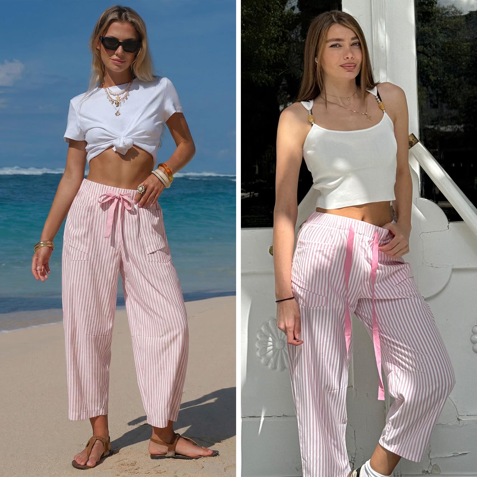 EXLURA Womens Faux Linen Striped Barrel Capri Pants Drawstring Trousers