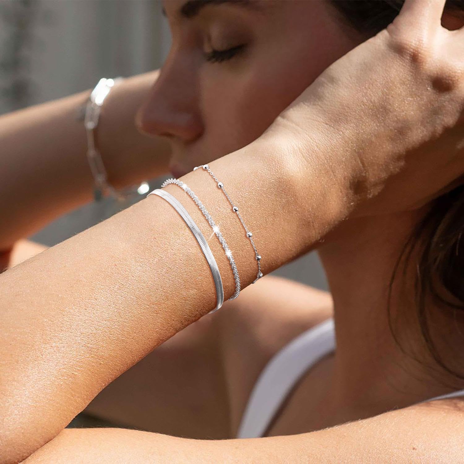 Silver Plated Layered Bracelets Bracelets Set for Women Silver Dainty Link Chain Bracelet Stackable Jewelry Gifts for Women