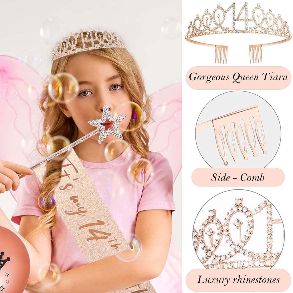 14th Birthday Decorations for Girls, 14th Birthday Sash and Crown, Cake Topper, Number Candles and Balloons, 14 Year Old Gifts for Girls