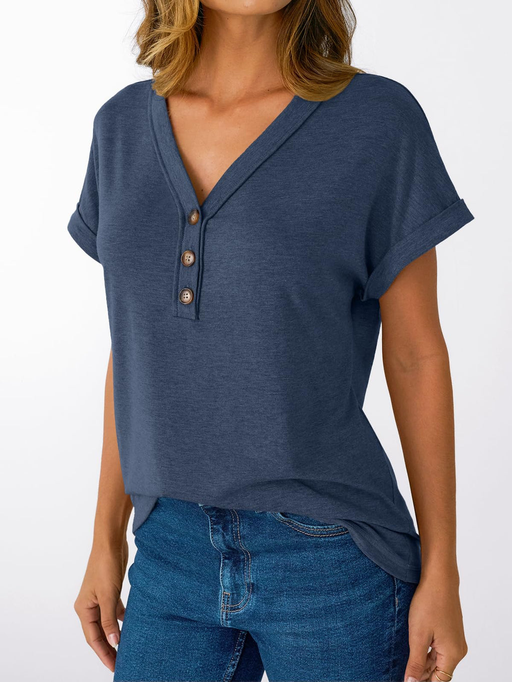 AUTOMET Short Sleeve V Neck T Shirts Womens 2026 Summer Business Casual Henley Tops Cap Sleeve Spring Fashion Clothes Dressy Lightweight Work Tshirts Loose Blouses Cute Outfits Clothing Navy Blue L