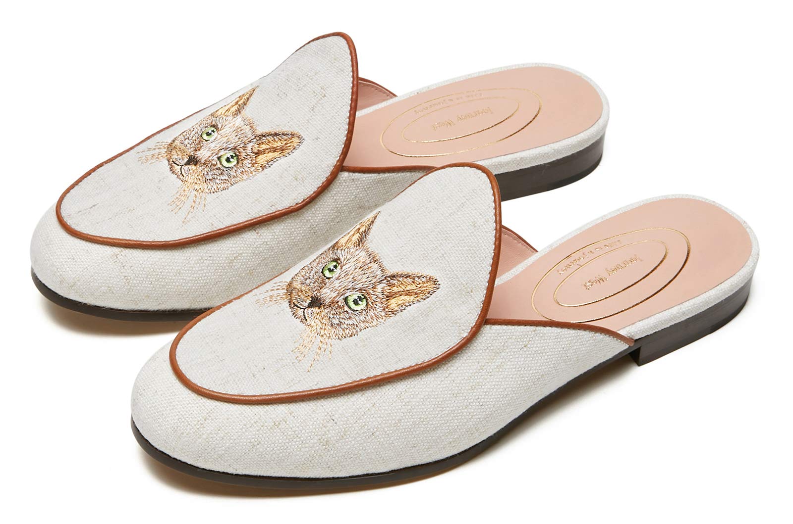 Journey West Women's Mules Flats with Embroidery Belgian Loafers Slip on Slippers for Women Cat White US 9.5