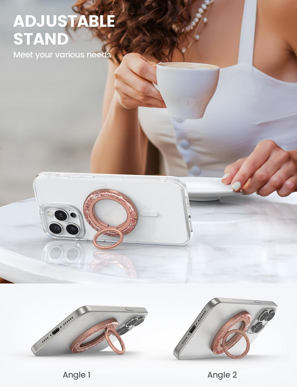 Lamicall Magnetic Twinkle Ring for MagSafe Grip - Stylish Glitter Gift for Women Grils, Magnet Phone Ring Finger Holder Stand, Gear Hinge Mag Safe Accessories for iPhone 17 16 Pro Max, Rose Gold