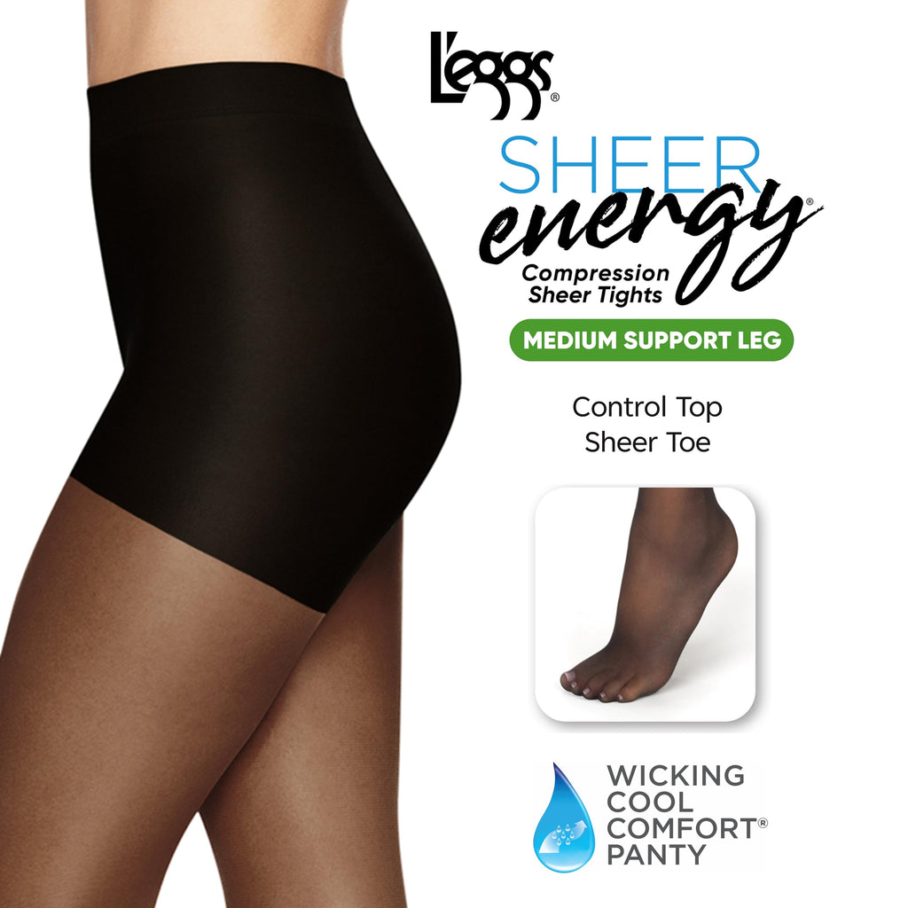 L'eggs Sheer Energy Medium Support Women's Compression Tights, Control Top, Sheer Toe, Nude, Size Q+ (Pack of 3)