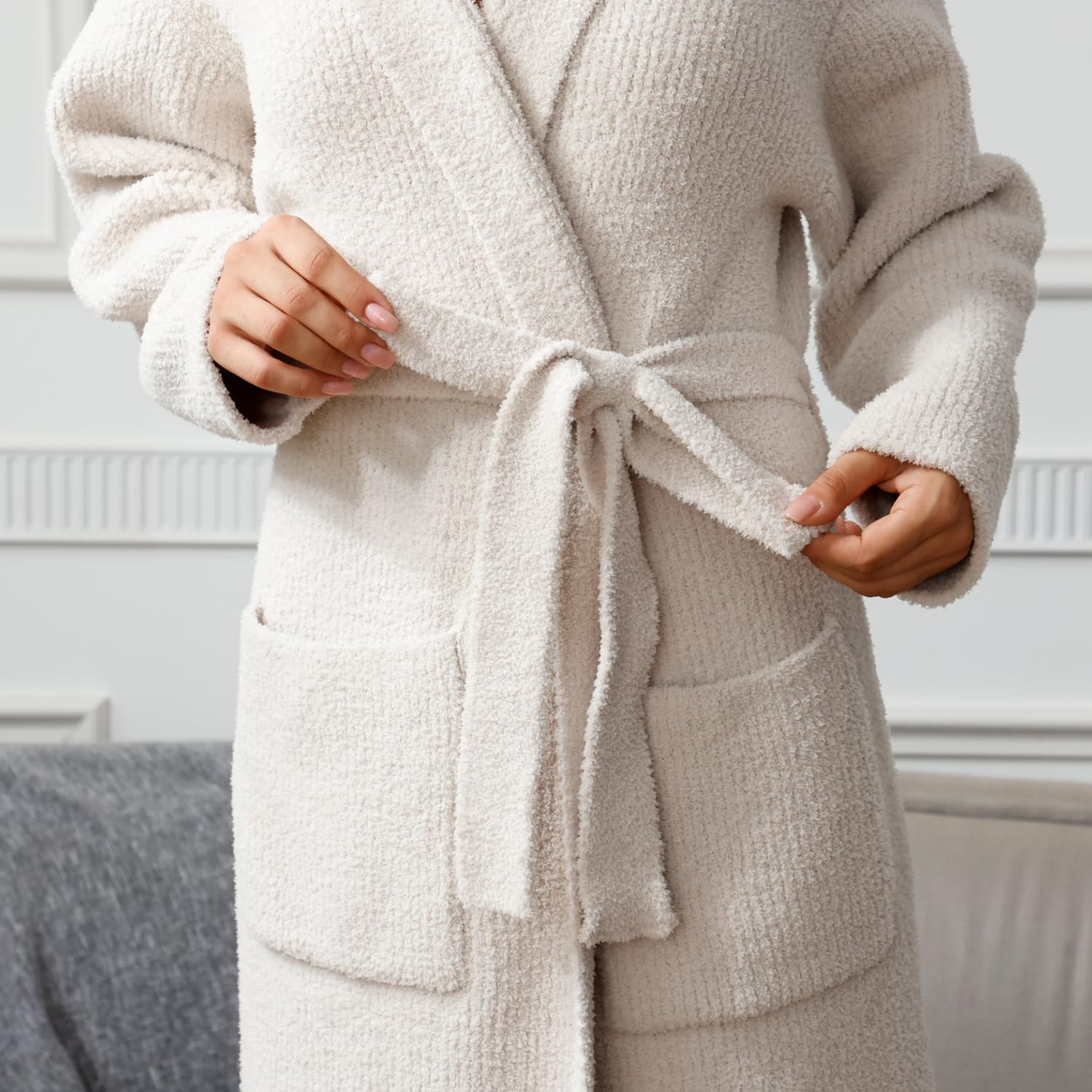 MH MYLUNE HOME Ultra Soft Robe With Pockets, Spa Bathrobe Loungewear Calf-Length, Plush Fuzzy Fluffy Wrap Robe for Women, Women's Robes, Hooded Ribbed Taupe