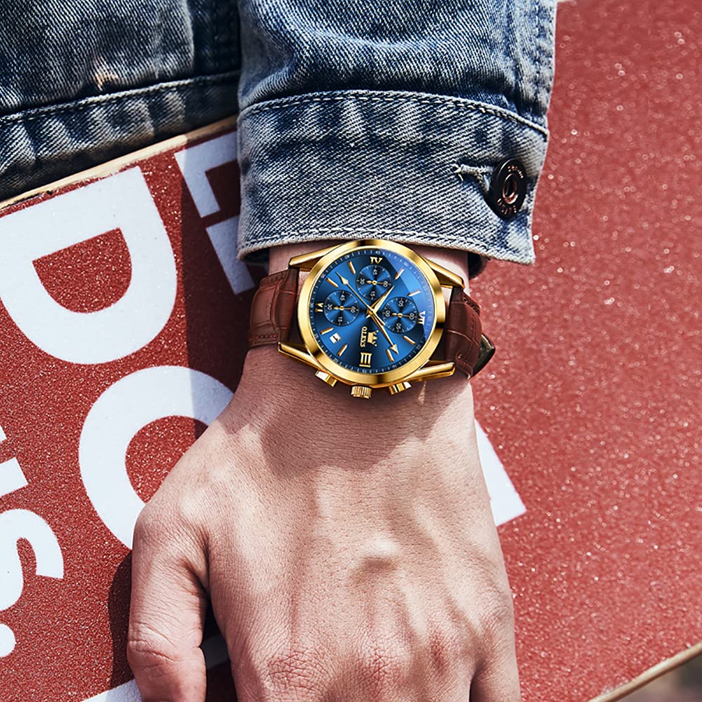 OLEVS Brown Leather Watch for Men Stainless Steel Large Face Quartz Wrist Watches Roman Number Luxury Mens Water Resistant Chronograph Watch Calendar Display Classic Blue Men's Cuff Watches Easy Wear