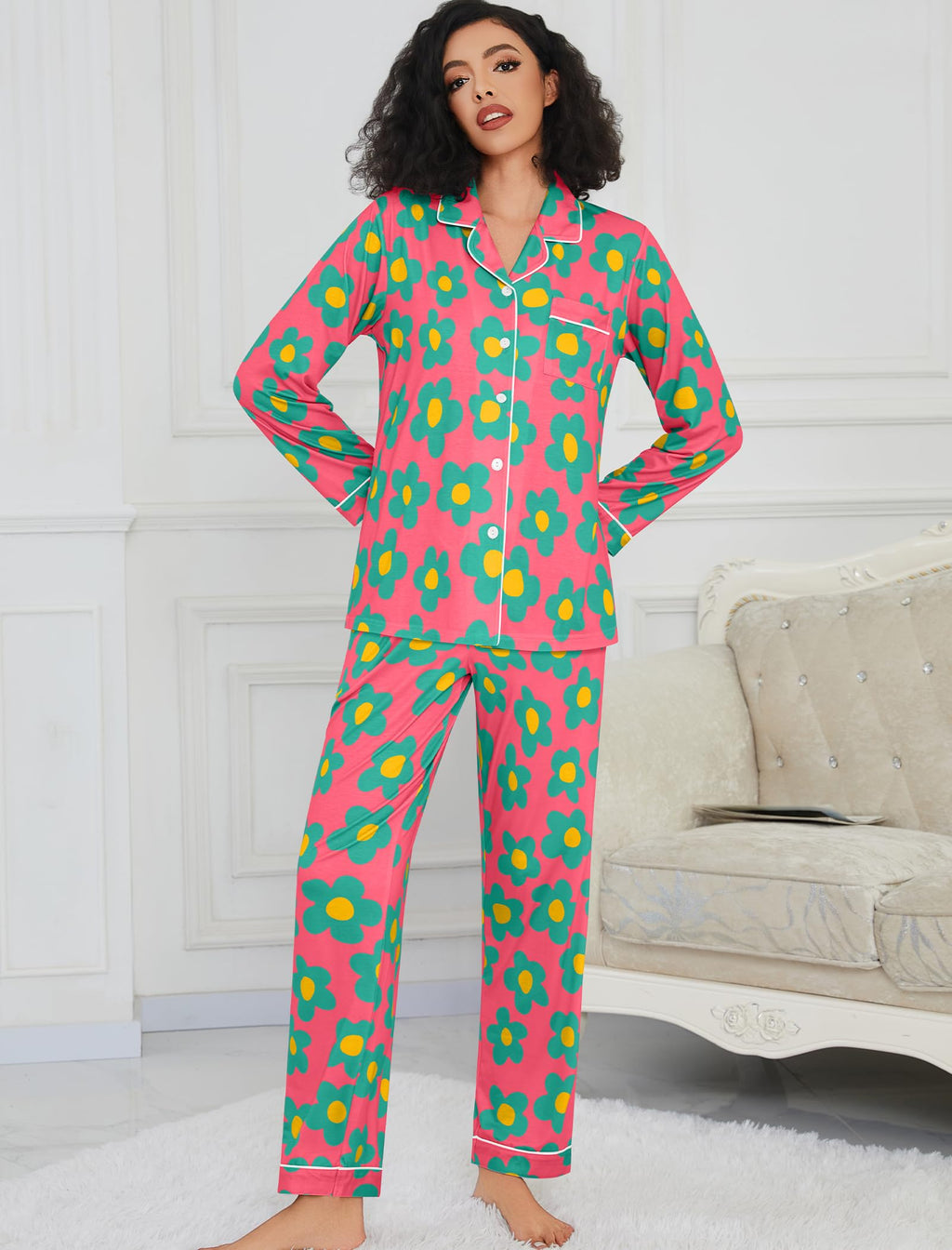 SWOMOG Pajamas Women's Long Sleeve Sleepwear Soft Button Down Loungewear Pjs Set Nightwear S-XXL Rose Blue Flower