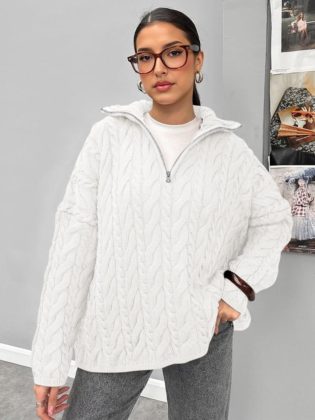PRETTYGARDEN Womens Spring Sweaters 2026 Long Sleeve Quarter Zip Pullover Sweater Casual Loose V Neck Cable Knit Jumper Tops (White, Large)