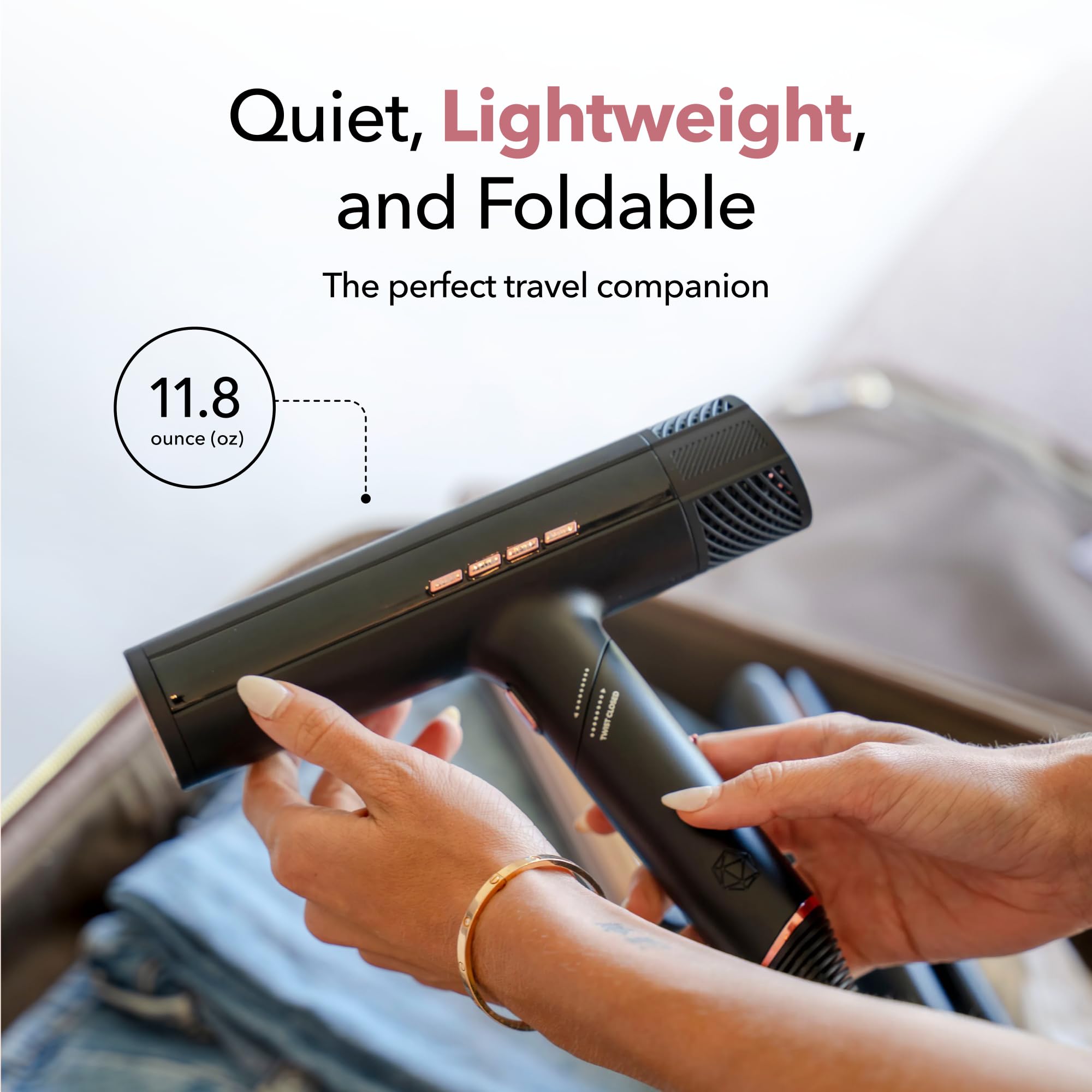 DryQ Smart Hair Dryer from SRILabs | Infrared and Ionic Technology - Lightweight + Foldable - Powerful + Quiet - 3 Magnetic Attachments - Heat Control with Locking Switch - Limited Edition (Magenta)