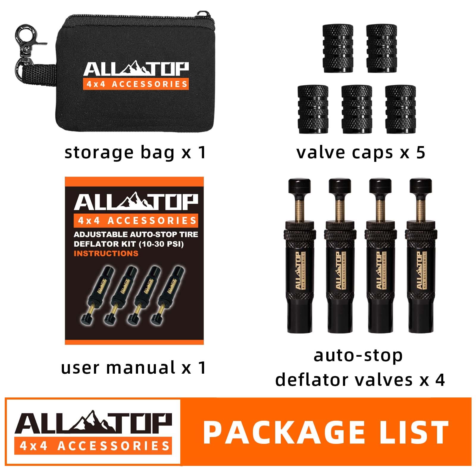 ALL-TOP Adjustable Auto-Stop Tire Deflator Valve Kit (10-30 PSI) 4 PCS Screw-on Tyre Air Down Tool for Offroad 4x4 (with 5 Valve caps)