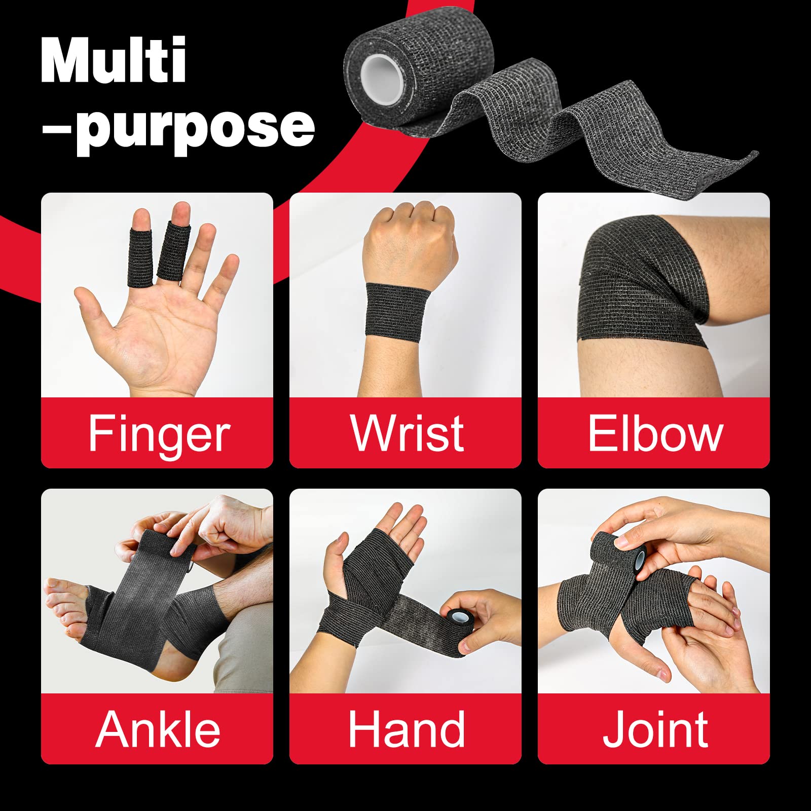 AZEN 16 Pack Self Adhesive Bandage Wrap Black, 2" X 5 Yards Black Athletic Tape, Vet Wrap, Tattoo Grip Tape Wrap，Ankle Tape, Cohesive Bandage Wrap