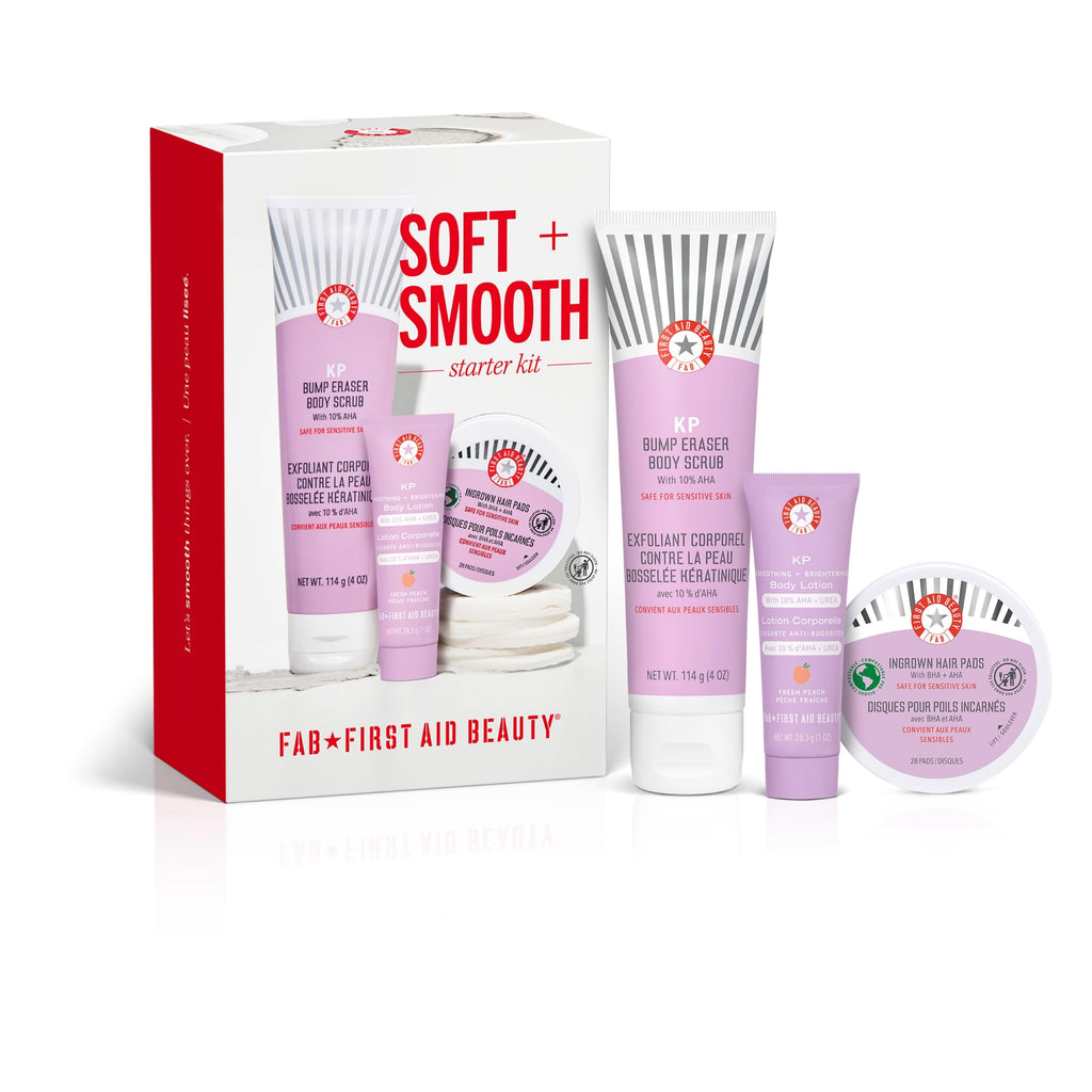 First Aid Beauty - Soft & Smooth Starter Kit, KP Bump Eraser Body Scrub with 10% AHA, 114 g, KP Smoothing Body Lotion with 10% AHA (Fresh Peach), 189.9 g, & Ingrown Hair Pads with BHA + AHA, 28 ct