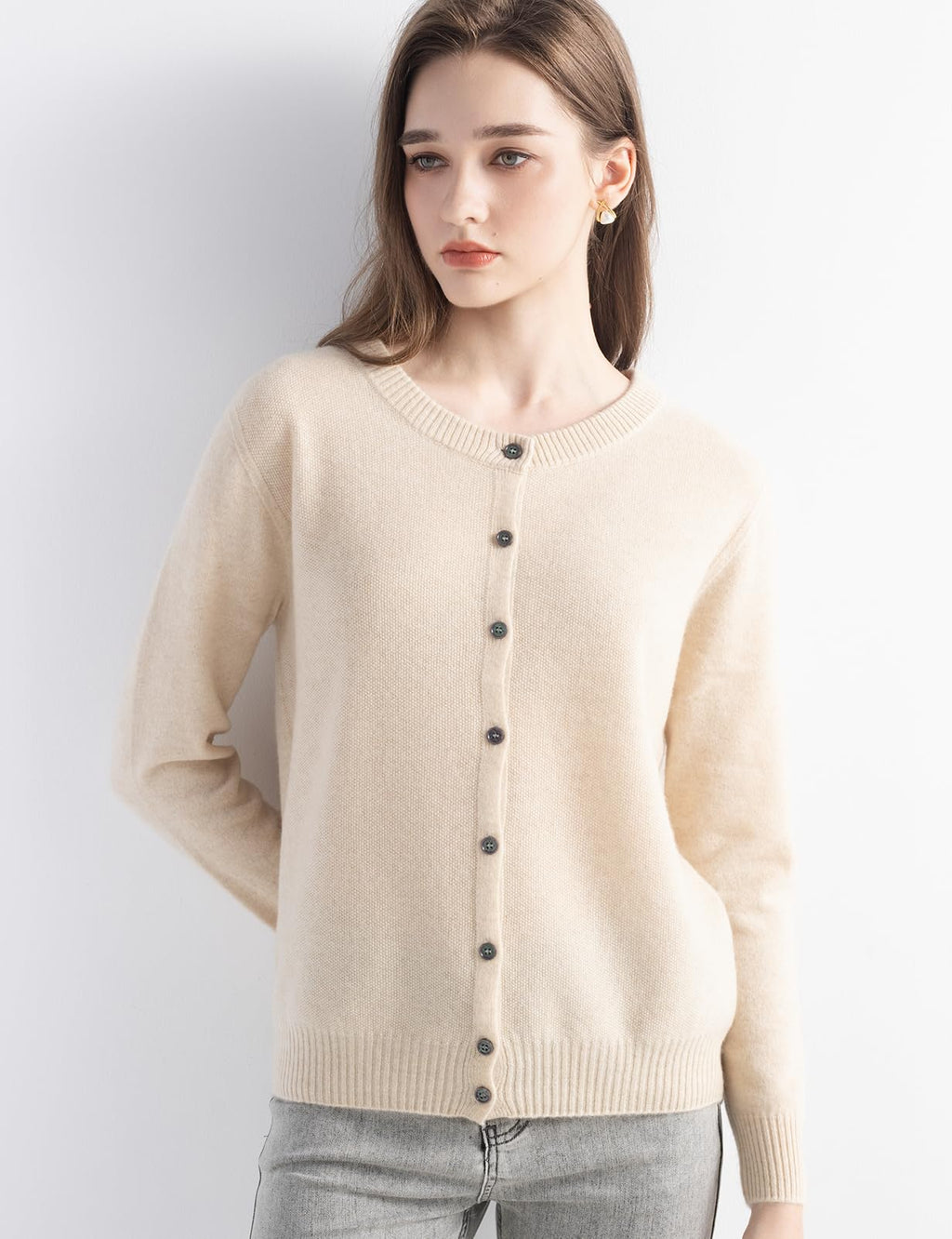 Chanyarn Women's 100% Pure Cashmere Cardigan Crew Neck Long Sleeve 2025 Fall Winter Warm Soft Knit Cardigan Sweater (Beige11002,M)
