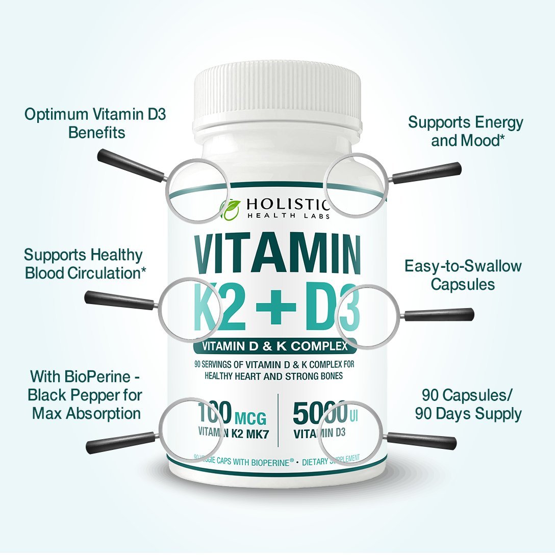 Max Absorption Vitamin K2 + D3 (5000IU) 90 Veggie Capsules From MK-7 (Menaquinone-7) and Cholecalciferol (With BioPerine) 3-Months Supply – D3 with K2 For Healthy Heart and Strong Bones | Non-GMO