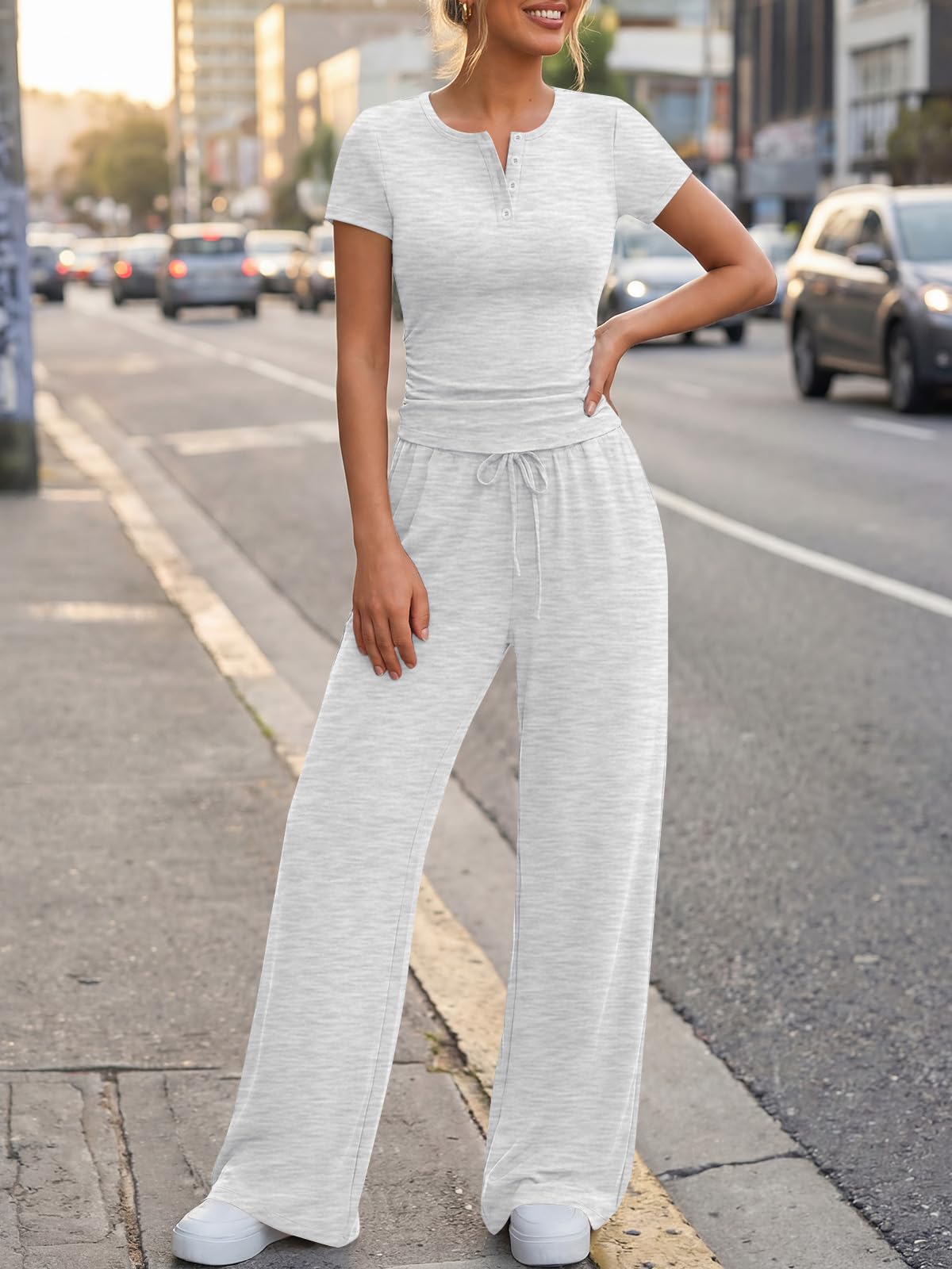 Trendy Queen Womens 2 Piece Sets Lounge Matching Set Cruise Casual Vacation Outfits Summer Airport Workout Gym Clothes Spring Fashion 2026 Teen Girl Wide Leg Pants Athletic Travel Tops Oatmeal Grey M