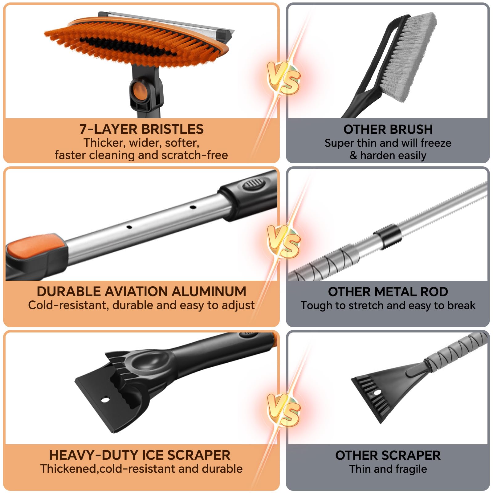 4-In-1 Snow Brush and Ice Scrapers for Car Windshield 55'' Extendable Snow Shovel Snow Broom Kit with Squeegee, Foam Grip 180°Pivoting Thicken Brush Head Portable Snow Scraper for Car, Trucks, SUV